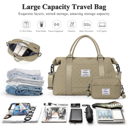 Weekender Bag for Women with Toiletry Bag, Travel Duffel Bag Overnight Carry on Bag, Gym Tote Bag with Wet Pocket,Pale Khaki