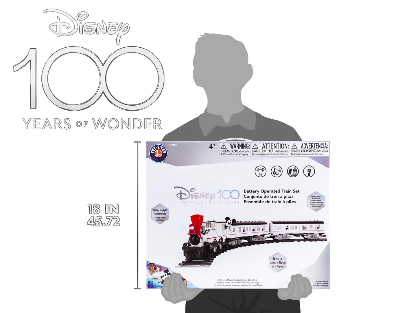 Lionel Disney100 Celebration Ready-to-Play Battery Powered Model Train Set with Remote, White, Black, Red, Large