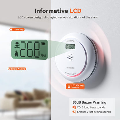 Jemay Combination Smoke and Carbon Monoxide Detector, Battery Operated Smoke Detector Carbon Monoxide Detector Combo with 10-Year Lifespan，Large LCD Display, Test/Silence Button, 1 Pack