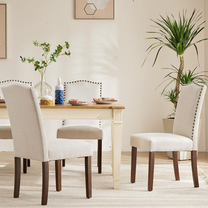 DUMOS Dining Chairs Set of 6, Fabric Dining Room Chairs, Upholstered Parsons Chairs with Nailhead Trim and Wood Legs, Kitchen Side Chair for Living Room,Bedroom, Kitchen, Beige