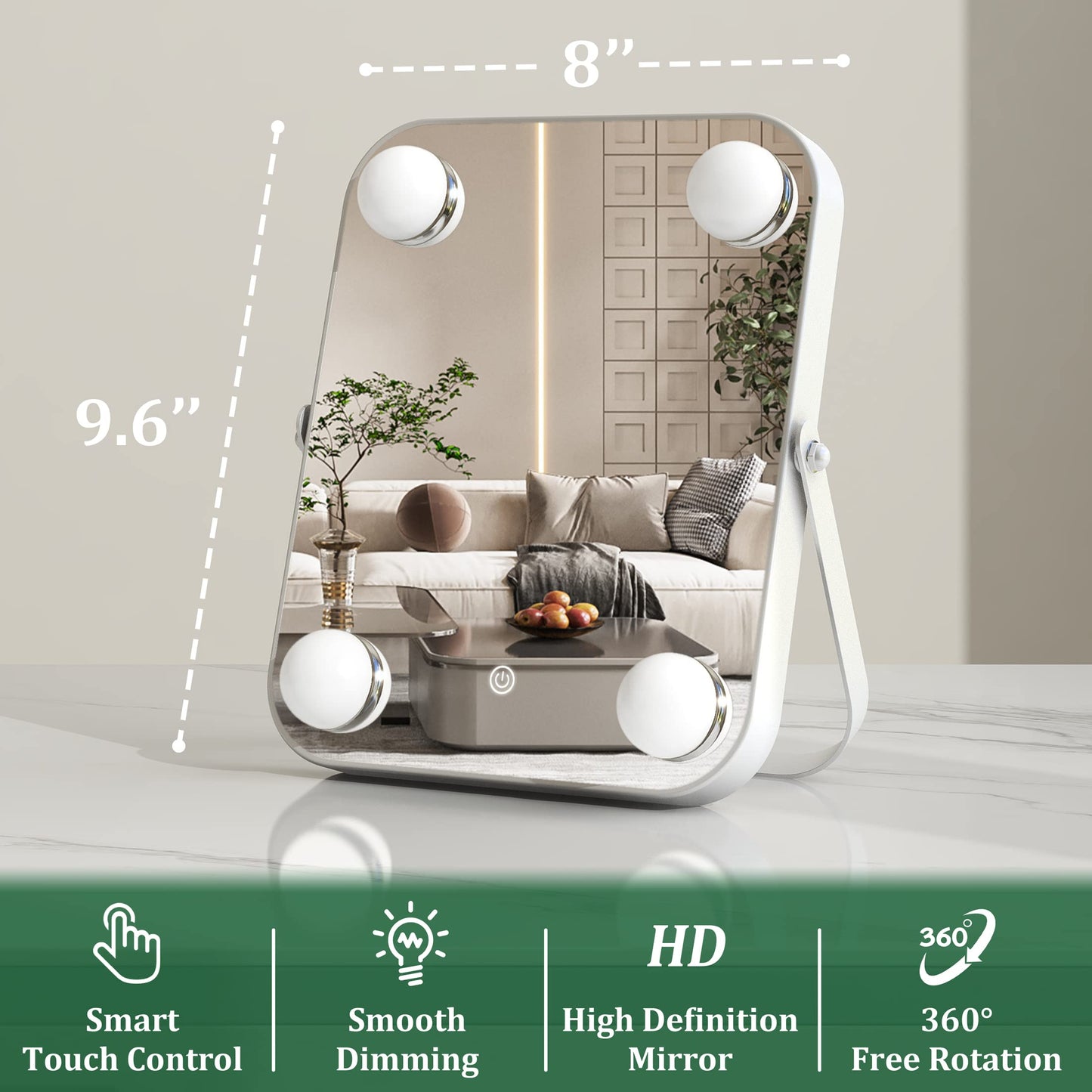 UPDATE: NOW $9.99 ! ROLOVE Vanity Mirror with Lights, Hollywood Makeup Mirror with Light, Lighted Tabletop Makeup Mirror with 4 Dimmable LED Bulbs, Portable Travel Makeup Mirror with U-Shaped Bracket, Smart Touch Control