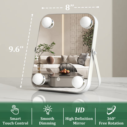 UPDATE: NOW $9.99 ! ROLOVE Vanity Mirror with Lights, Hollywood Makeup Mirror with Light, Lighted Tabletop Makeup Mirror with 4 Dimmable LED Bulbs, Portable Travel Makeup Mirror with U-Shaped Bracket, Smart Touch Control