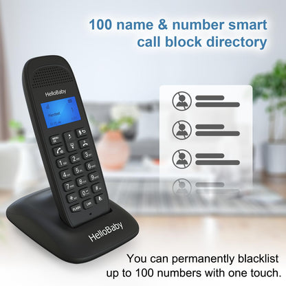 HelloBaby Cordless Phone with 2 Handsets, Advanced Call Block, Expandable Cordless Phone with Trilingual Caller ID/Call Waiting, Full-Duplex Handset Speakerphone(HB1688-2, Black)