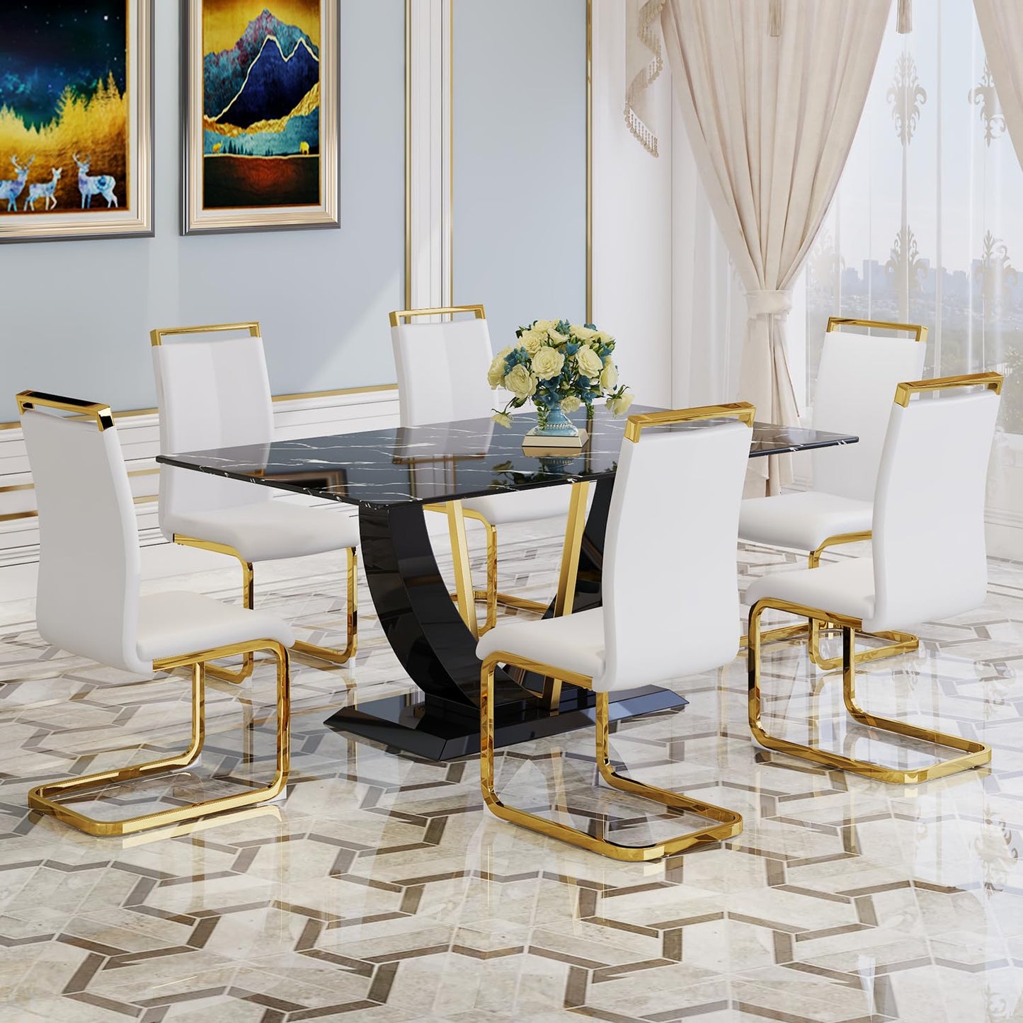 JUFU 71" Modern Dining Room Table Set for 6, Black Marble Faux Kichen Table Set with U-Shaped Base，Luxurious Rectangular Diner Table ANG Leather Dining Chairs with Golden Legs