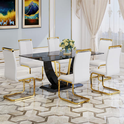 JUFU 71" Modern Dining Room Table Set for 6, Black Marble Faux Kichen Table Set with U-Shaped Base，Luxurious Rectangular Diner Table ANG Leather Dining Chairs with Golden Legs