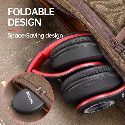 Bluetooth Headphones Wireless, pollini 40H Playtime Foldable Over Ear Headphones with Microphone, Deep Bass Stereo Headset with Soft Memory-Protein Earmuffs for iPhone/Android Cell Phone/PC(Black-Red)