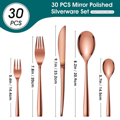 vancasso Silverware Set for 6, 30 Piece Stainless Steel Cutlery Set Rose Gold, Flatware Set Includes Forks Spoons Knives, Mirror Polished, for Fancy Kitchen Home Restaurant Party, with Gift Box