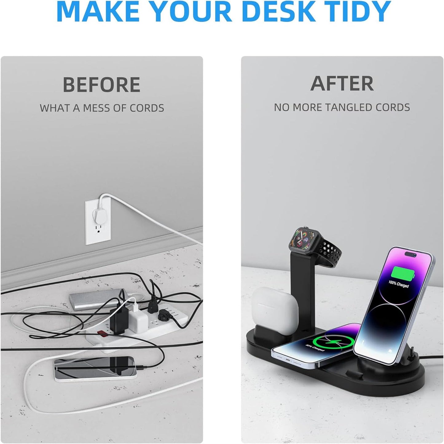 4 in 1 Wireless Charger for iPhone, Magnetic 4 in 1 Fast Charging Station Charger for Magsafe for iPhone 15/14/13 /Pro/Pro Max/12/11/X/Xr/XS/8, for AirPods, Apple Watch, Samsung, Google Pixel (Black)