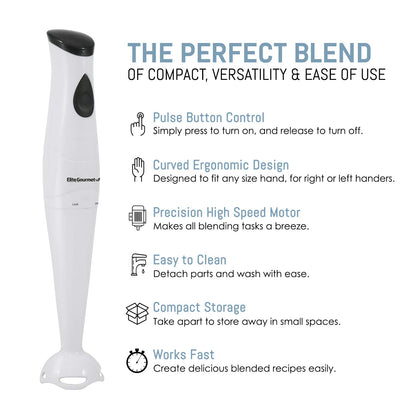 Elite Gourmet EHB-2425X Electric Immersion Hand Blender, Mixer, Chopper, 1-Touch Control Multi Purpose Electric Immersion Stick, Mixer, Chopper, 150 Watts, For Soups, Sauces, Baby Food, White