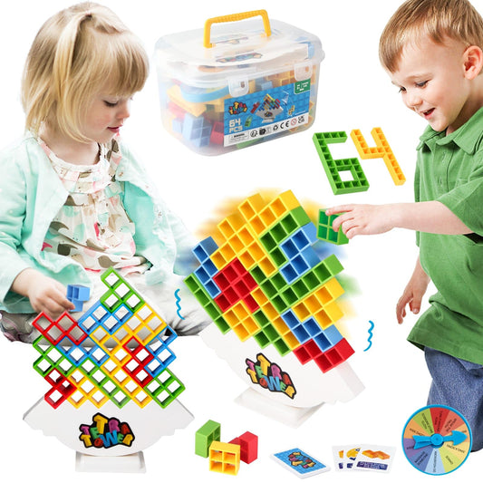HOMELAM 64 PCS Tetra Tower Stacking Game with Storage Box, Balance Building Blocks Board Game, 2+ Players Family Games for Kids, Adults, Party, Friend