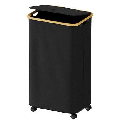 SUOCO Laundry Hamper with Wheels and Lid, 29 Gal (110L) Clothes Basket with Bamboo Handles, Large Foldable Laundry Hamper for Bedroom, Bathroom, Dorm, Laundry Room - Black