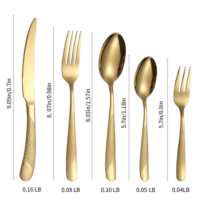 A · HOUSEWARE Hammered Silverware Set Gold 20-Piece Stainless Steel Flatware for 4 Forks Knives and Spoons Modern Thickened Creative Design Handle Durable Festival Parties Kitchen Everyday Use