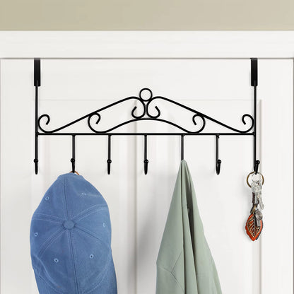 4 Pack Over The Door Hooks Hanger,Over The Door Towel Rack Coat Rack with 7 Hooks, Metal Hanging Organizer for Clothes Coat Hat Towel Bedroom Bathroom, Black