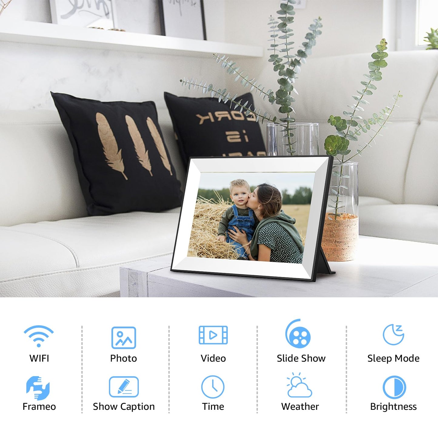 Frameo Digital Picture Frame,WiFi Slideshow Digital Photo Frame with 10.1 Inch IPS Touch Screen,Load from Phone to 32GB Digital Frame,Smart Rotating Pictures via White Electronic Picture Frame,Gift