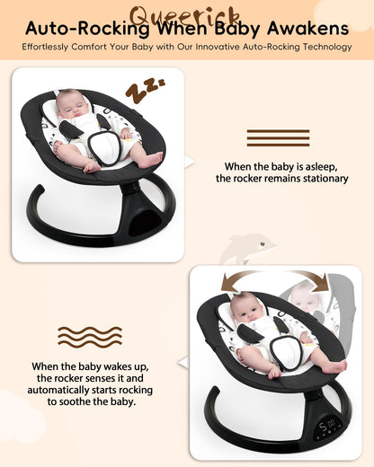 Queerick Baby Swing for Infants to Toddler Portable Babies Swing Timing Function 5 Swing Speeds Bluetooth Touch Screen Music Speaker with 10 Preset Lullabies 5-Point Carabiner