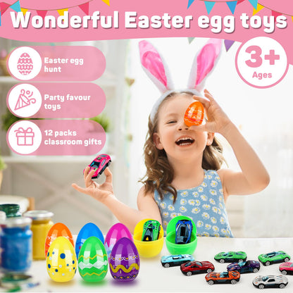 Hoarosall 12pcs Kids Easter Gifts Race Car Vehicle Toys,Prefilled Plastic Easter Eggs Gifts for Boys, Easter Eggs with Toys Inside Car Easter Toys for Kids Ages 4-8，8-12