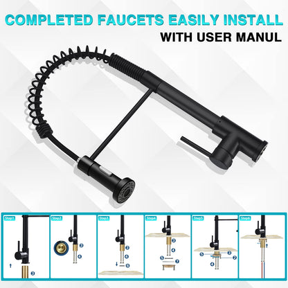 Stylish Kitchen Faucets with Pull Down Sprayer, Food Grade Material 304 Stainless Steel Single Handle Spring Kitchen Sink Faucet for Home,Commercial,rv Kitchen - Matte Black
