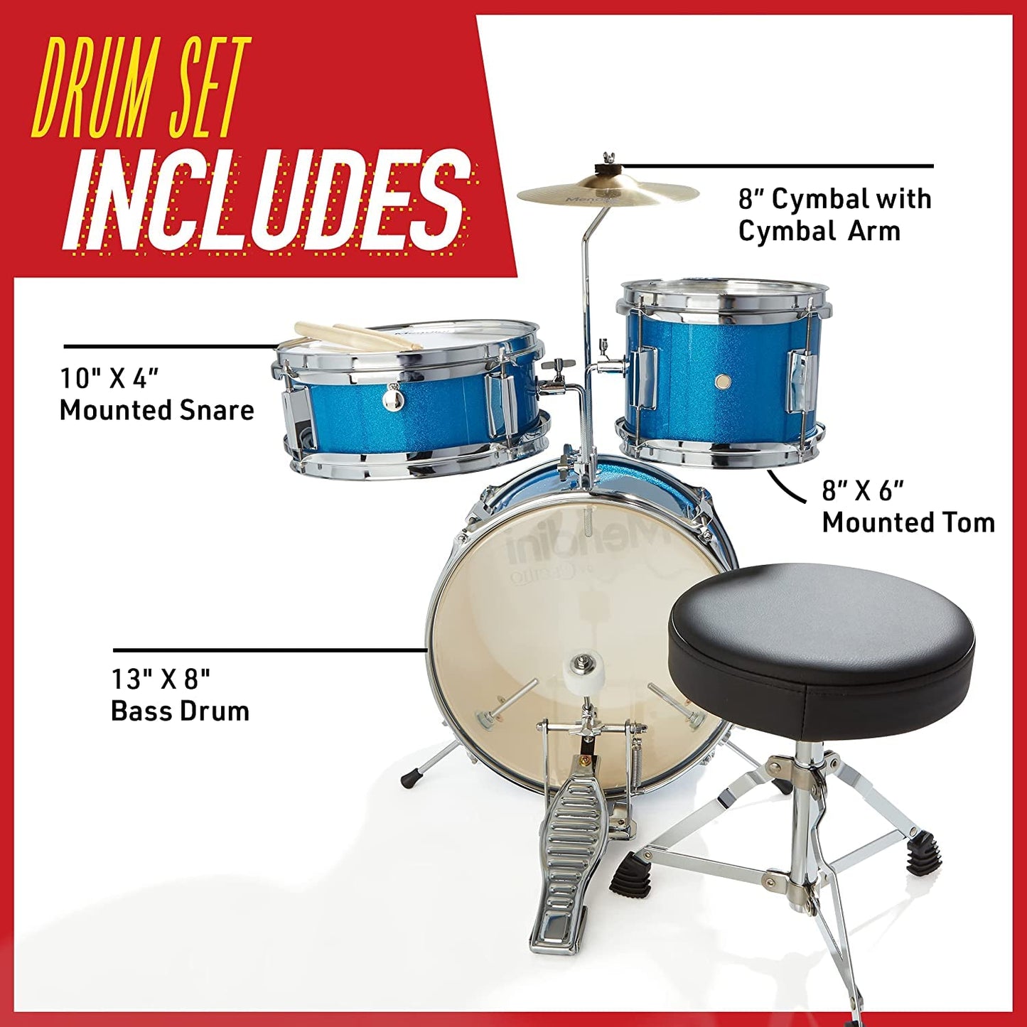Mendini By Cecilio Kids Drum Set - Junior Kit w/ 4 Drums (Bass, Tom, Snare, Cymbal), Drumsticks, Drum Throne - Beginner Drum Sets & Musical Instruments
