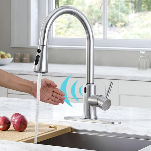 ARRISEA Kitchen Faucet, Laundry Faucets with Sprayer, Bar and RV Sink Faucet with 10'' Deck Plate, Stainless Steel Single Handle High Arc Brushed Nickel Faucets with Pull-Down Spayer