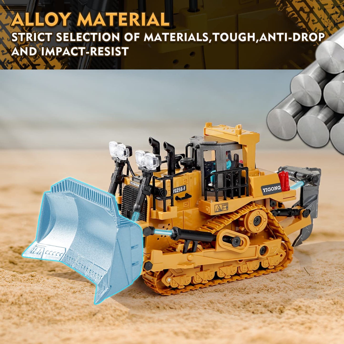 FUUY Remote Control Metal Bulldozer Toy for Kids Ages 3-7 - Realistic Construction Vehicle with Shovel and Ripper for Boys - Building Toys