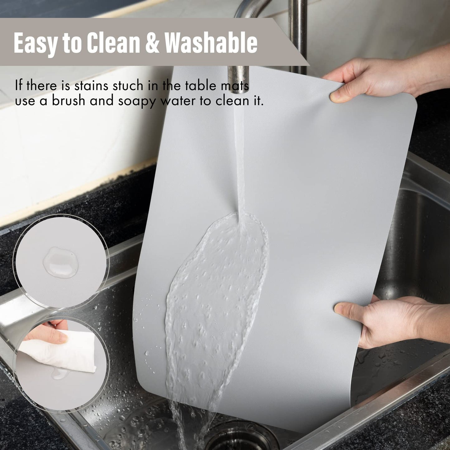 Placemats Set of 6, Heat Stain Scratch Resistant Faux Leather Table Mats Non-Slip Wipeable Waterproof Washable Indoor Outdoor for Dining Table Kitchen Decor (Grey)