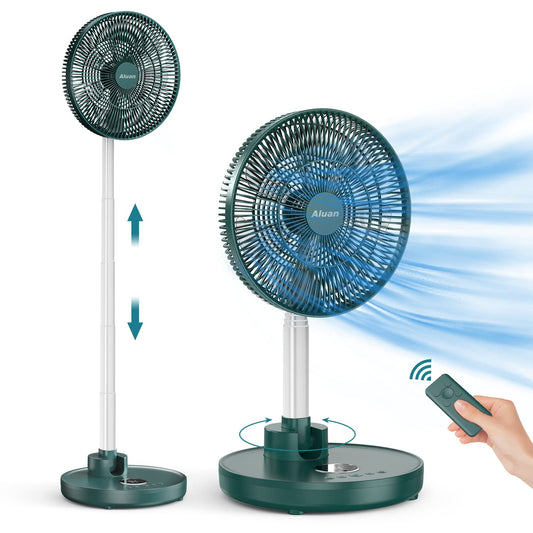 Aluan 12" Quiet Oscillating Fan with 12000mAh Rechargeable Battery, Foldaway Standing/Table Fan with Remote Control, 6 Speeds Portable Pedestal Fan with Adjustable Height for Home Travel, Dark Green