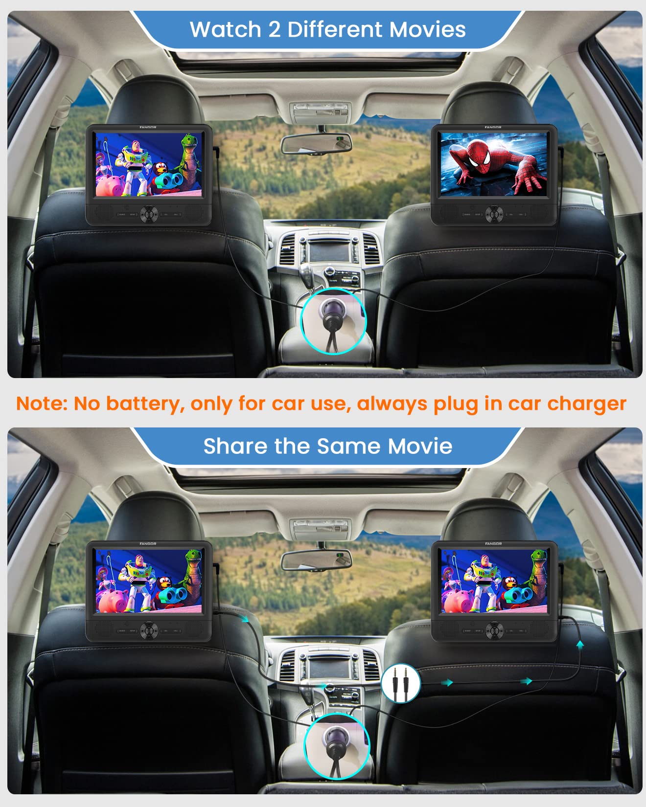 FANGOR 7.5" Dual Portable DVD Player for Car, Car DVD Player Dual Screen Play a Same or Two Different Movies with Headrest Strap, Regions Free,Support Last Memory, AV Out&in,USB/SD/Sync TV