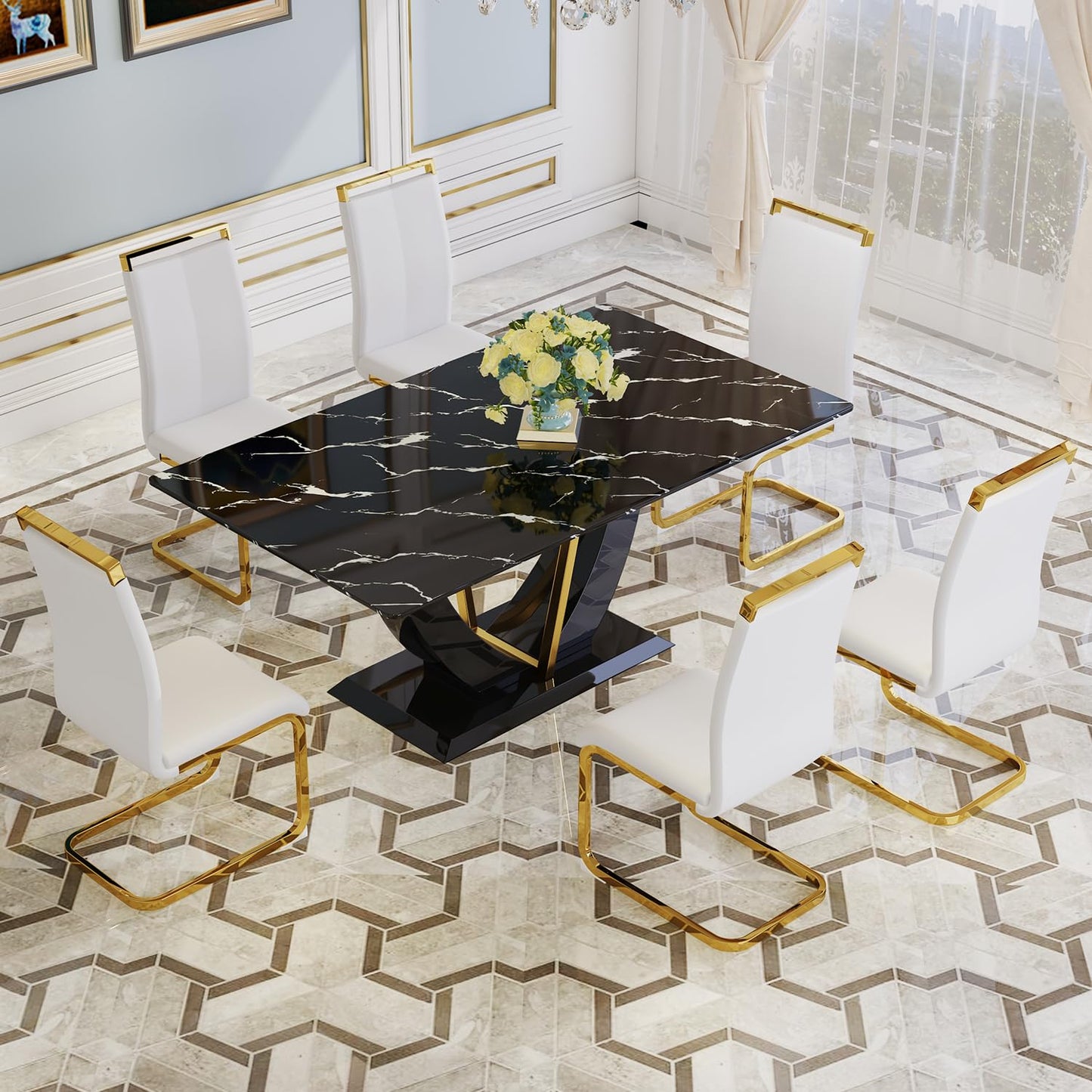 JUFU 71" Modern Dining Room Table Set for 6, Black Marble Faux Kichen Table Set with U-Shaped Base，Luxurious Rectangular Diner Table ANG Leather Dining Chairs with Golden Legs