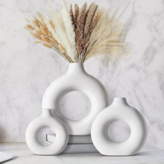 3 Pack Ceramic Vases for Home Decor, Donut Vases Decorative Vase for Modern Home Decor, White Ceramic Vase for Pampas Grass Dried Flower, Boho Vases Decor for Shelf Table Centerpieces