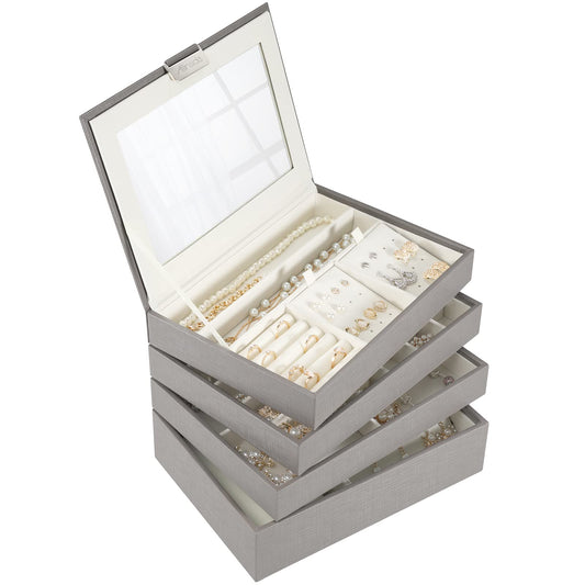 Allinside Stackable Jewelry Tray Box Sets Organizer with Mirror Lid, PU Leather Jewelry Storage Display Case for Drawer Dresser, Jewelry Holder Trays for Earring Ring Necklace Watch, Set of 4, Gray