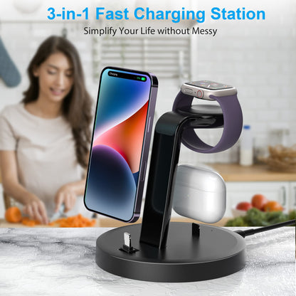 3 in 1 Charging Station, ORIEMAC Wireless Charger for Apple Watch Series 8/7/6/5/4/3/2/SE, Charging Dock Stand for AirPods iPhone 14/13/12/11/Pro/Pro Max/XS/XR/X/8 with 15W Adapter