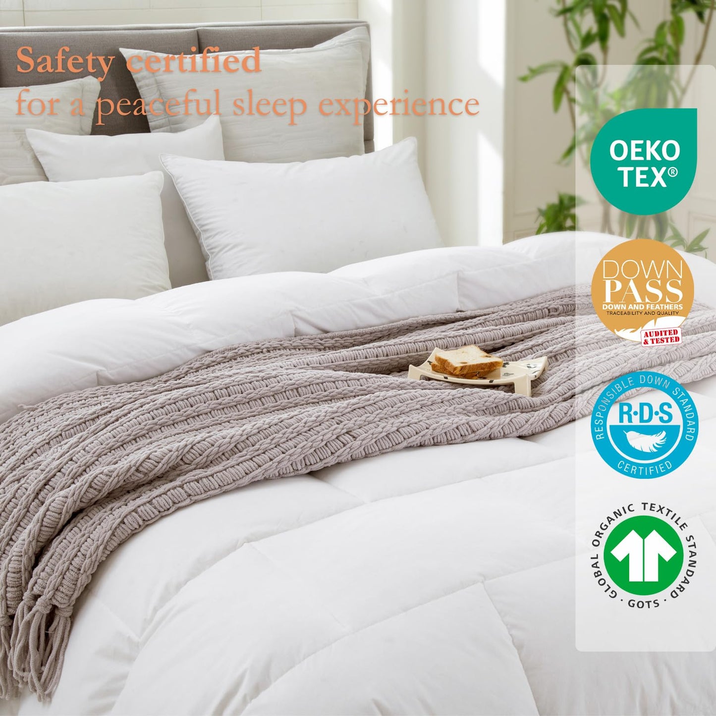 Luxury Queen Size White Goose Feather Down Comforter, All Seasons Duvet Insert 600 Thread Count Soft 100% Organic Cotton Cover Down Proof,Medium Warmth Cozy Duvet with 8 Corner Tabs.