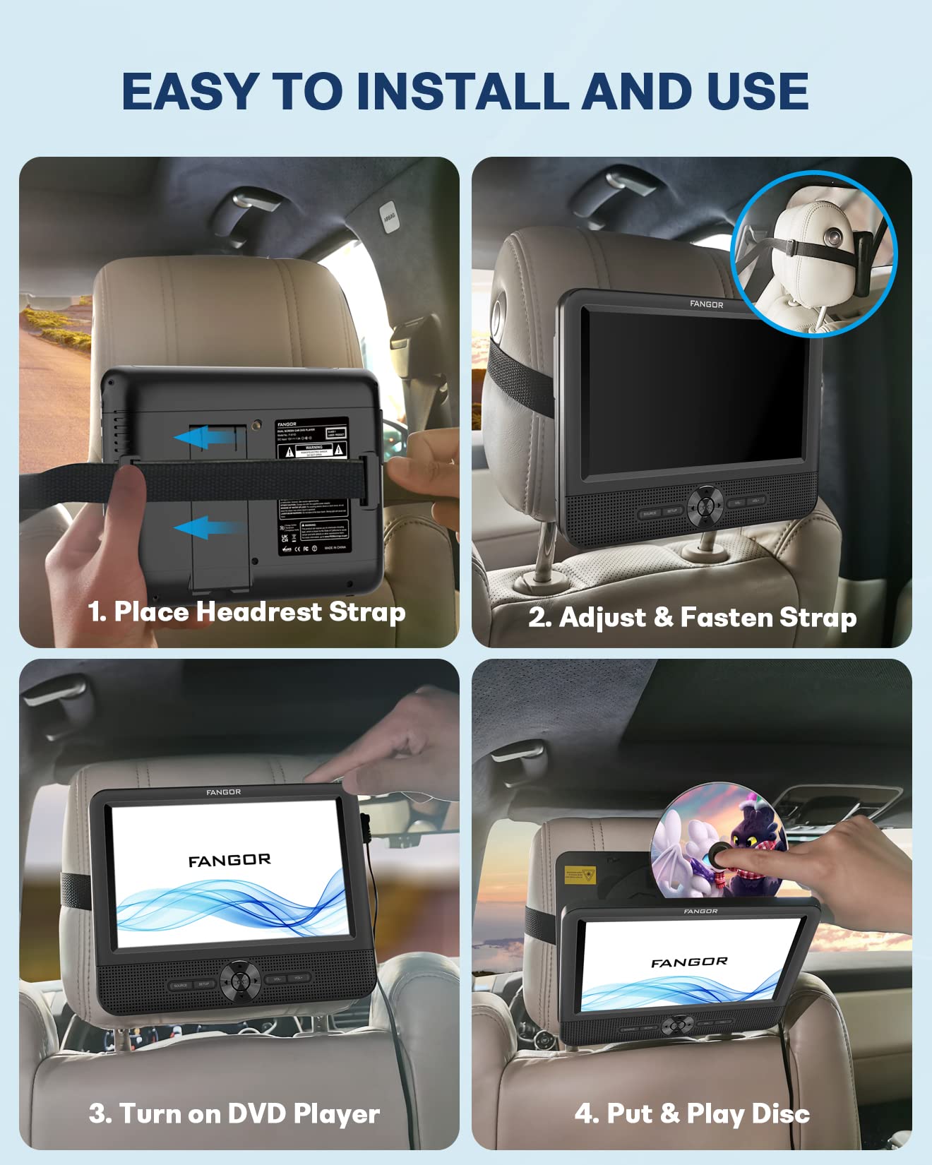 FANGOR 7.5" Dual Portable DVD Player for Car, Car DVD Player Dual Screen Play a Same or Two Different Movies with Headrest Strap, Regions Free,Support Last Memory, AV Out&in,USB/SD/Sync TV