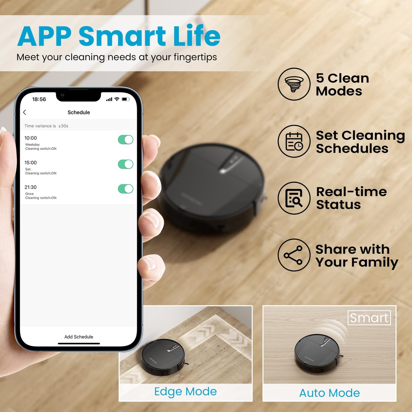 ROPVACNIC Robot Vacuum Cleaner with 3000Pa Cyclone Suction, APP/Voice/Remote Control, Automatic Self-Charging Robotic Vacuum, Scheduled Cleaning, Ideal for Pet Hair, Hard Floor(Grayish Black)