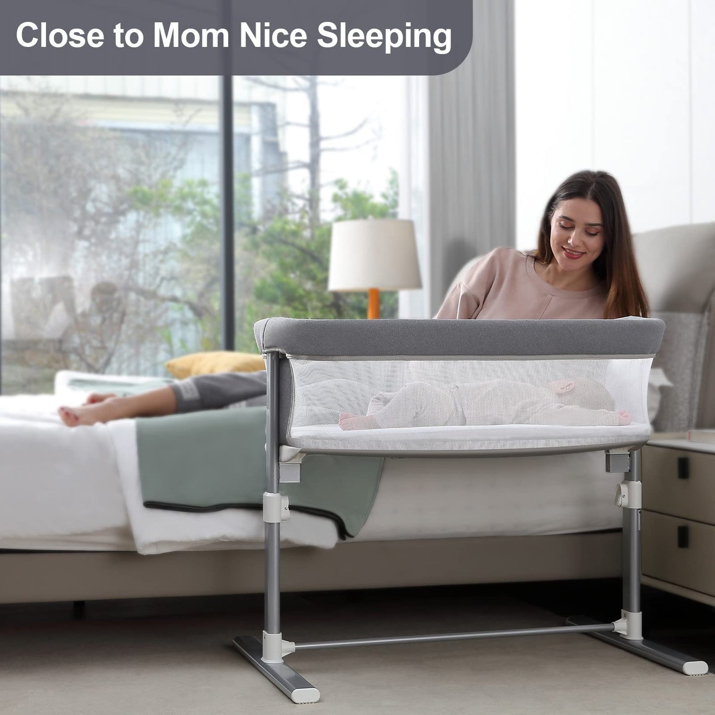 Yacul Baby Bassinet, Bedside Crib Co Sleeper for Newborns, Lighweight Portable Bassinet for Baby, Adjustable Height, Waterproof and Detachable Mattress Included, Light Grey