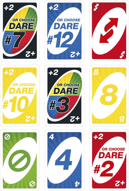 Mattel Games UNO Dare Card Game for Family Night Featuring Challenging and Silly Dares from 3 Different Categories