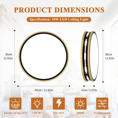 Peblto Modern LED Ceiling Light, Minimalist Flush Mount Ceiling Lights for Bedroom, Round Ceiling Lamp Lighting Fixture for Hallway, Kitchen, Laundry Room, Black Gold