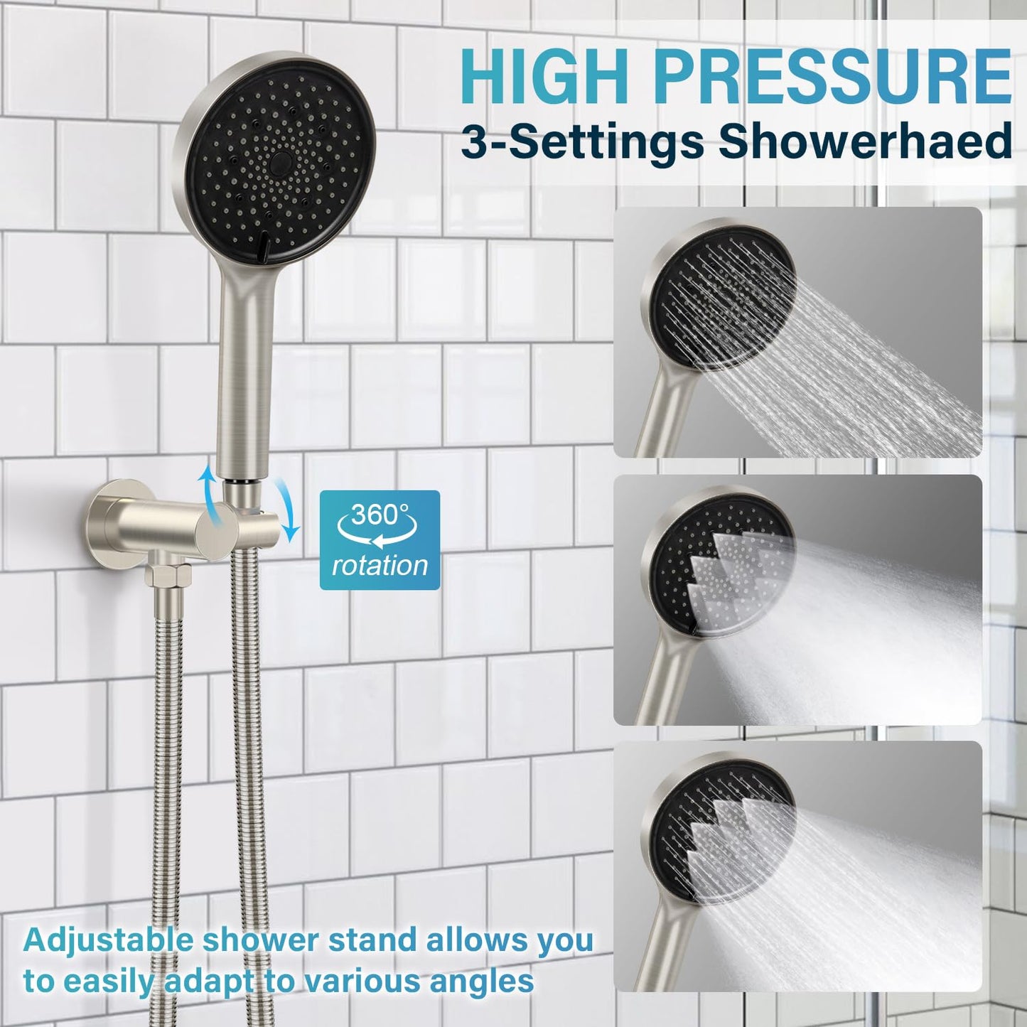 Baetuy 10 Inch Shower Faucet Set, High Pressure Shower Head and Handheld 3 Jet Combo Kit, Bathroom Wall Mount Rain Shower System, Includes Valve and Bathroom Trim Kit, Brushed Nickel…