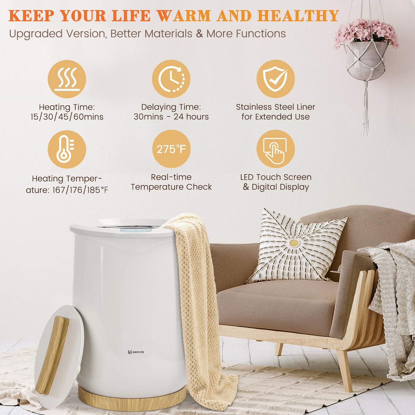 Keenray Upgraded Towel Warmer Bucket, Large Towel Warmer with 3 Heating Modes, Heat Time 30/45/60 Min Adjustable and Up to 24 Hour Delay Timer, Towel Heater for Oversize Bathrobes Blankets