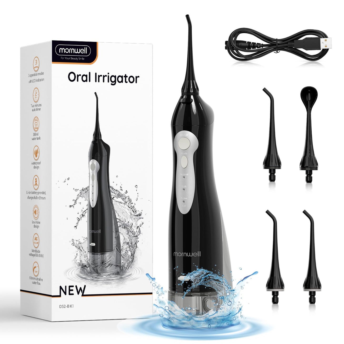 Water Flosser, Mornwell Water Flossers for Teeth - 330ML Tank USB Rechargeable Dental Flosser, IPX7 Waterproof 3 Modes & 4 Jet Tips Portable Dental Oral Irrigator,Professional Water Flosser