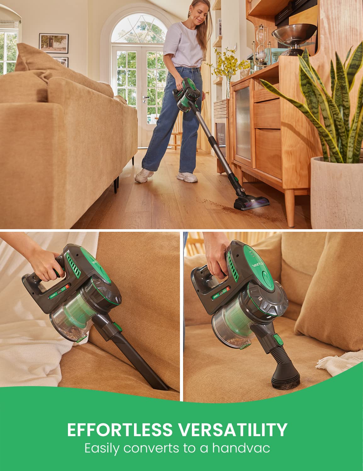 Vactidy Cordless Vacuum Cleaner, Lightweight Stick Vacuum with 20Kpa Suction, Detachable Battery, Max 35mins Runtime, 6 in 1 Handheld Vacuum Cordless for Hard Floor Carpet Pet Hair