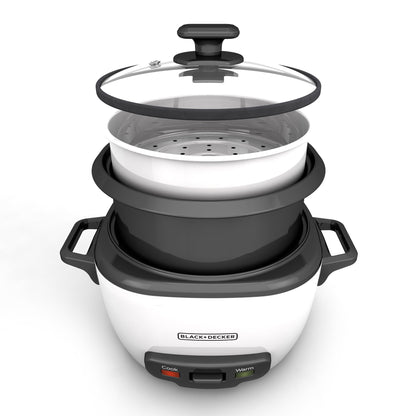 BLACK+DECKER Rice Cooker 3 Cups Cooked (1.5 Cups Uncooked) with Steaming Basket, Removable Non-Stick Bowl, White