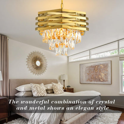 Gold Crystal Chandelier 15.7" Round Modern Crystal Chandeliers for Dining Room K9 3-Tiers Ceiling Pendant Light Fixtures Large Flush Mount Chandelier for Living Room Entryway Foyer Bedroom Kitchen