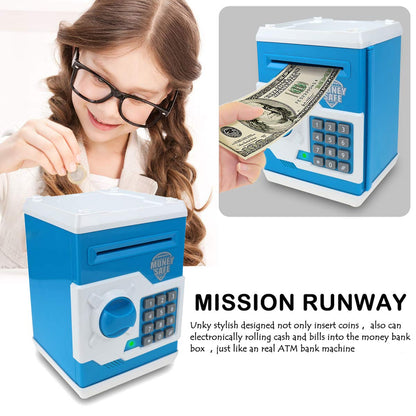 Qwifyu Piggy Bank for Boys Girls, 4 5 6 7 8 9 10 Year Old Girl Boy Birthday Gift Ideas, Electronic Password Money Saving Box ATM, Great Gift Safe Bank Toys for Kids (Blue White)