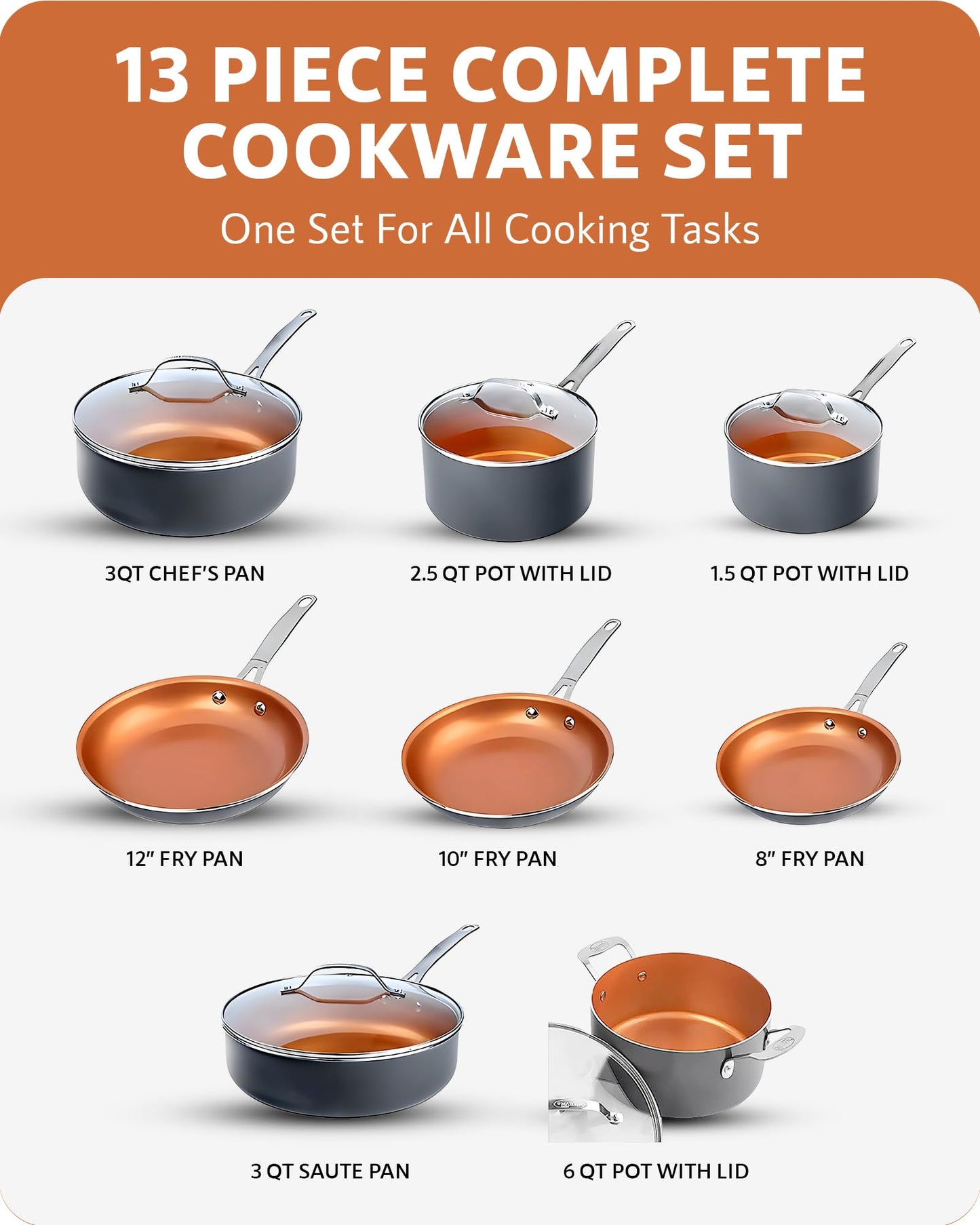 Gotham Steel Pro 13 Pc Ceramic Pots and Pans Set Non Stick Cookware Sets Pot and Pan Set, Kitchen Cookware Sets, Ceramic Cookware Set, Hard Anodized Cookware Set, Pot Set, Dishwasher Safe, Copper
