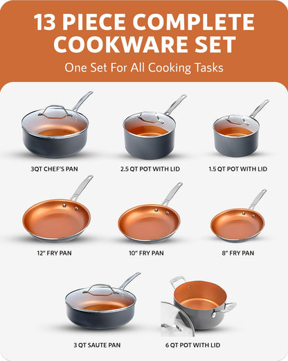 Gotham Steel Pro 13 Pc Ceramic Pots and Pans Set Non Stick Cookware Sets Pot and Pan Set, Kitchen Cookware Sets, Ceramic Cookware Set, Hard Anodized Cookware Set, Pot Set, Dishwasher Safe, Copper