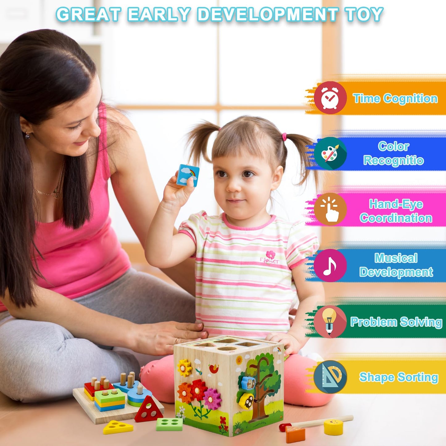 Resumplan 8-in-1 Baby Activity Cube – Premium Wooden Activity Cube Featuring Shape Sorting, Stacking Blocks, Xylophone, Wooden Montessori Toys for Baby, Educational Learning Toys for Toddlers