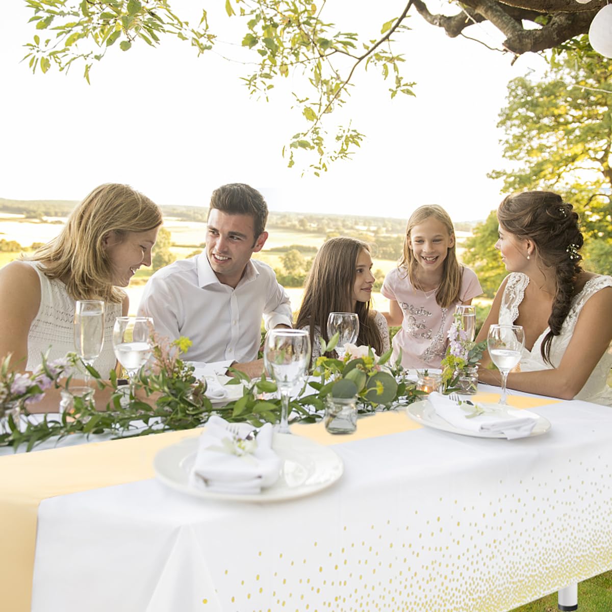 WDF 16Pack White and Gold Plastic Tablecloths Gold Table Runners - 54 x 108 Inch Gold Dot Rectangle Tablecloth 12 x 108 Inch for Parties/Wedding/Thanksgiving