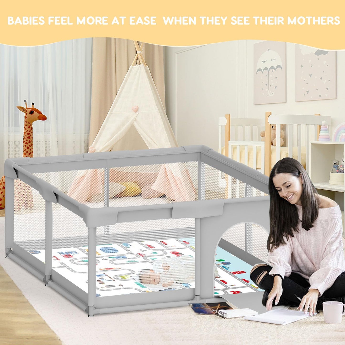 Baby Playpen Baby Playard, Playpen for Babies and Toddlers with Gate, 50x50 Baby Fence, Sturdy Safety Playpen, Indoor & Outdoor Kids Activity Center（with Mat）