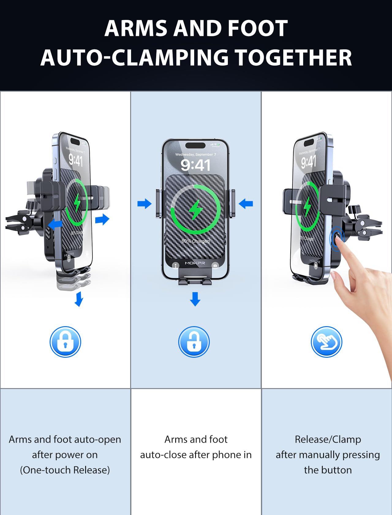 Wireless Car Charger, MOKPR 15W Fast Charging Auto-Clamping Car Charger Phone Mount Air Vent Cell Phone Holder Compatible iPhone 15/14/13/13 Pro/12 pro/12/11/X/8, Samsung Galaxy S23/S22/S21/S20, etc